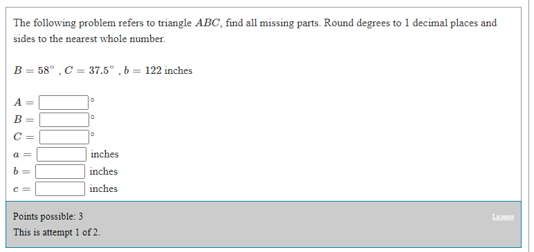degrees to 1 decimal places and sides to the nearest whole number.