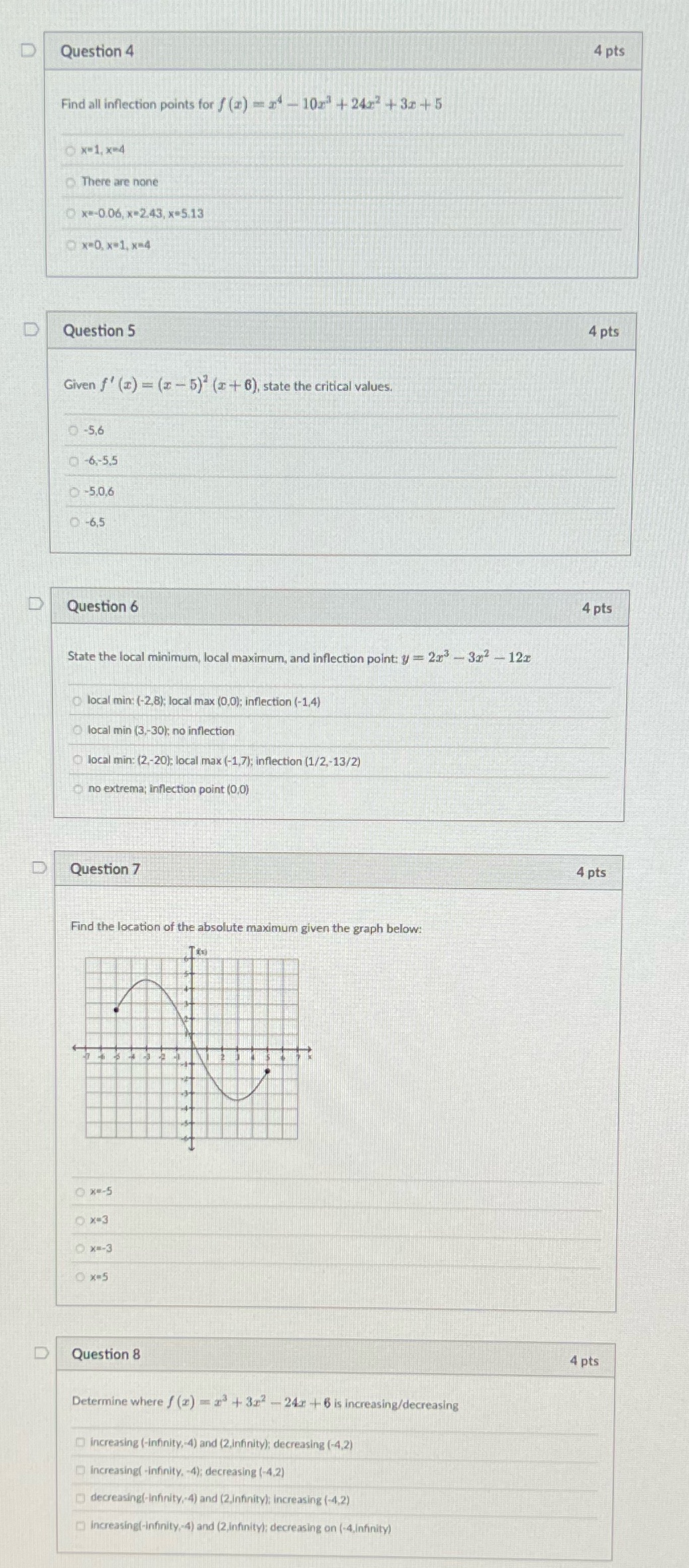 Plz solve D Question 4 4 pts Find all inflection points