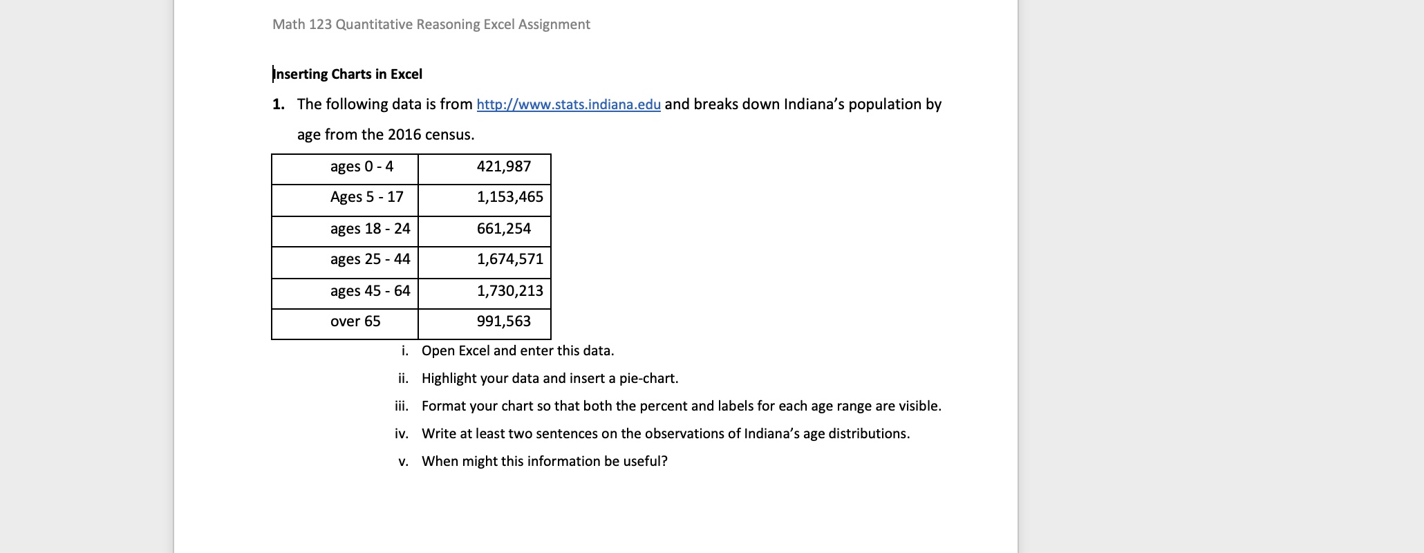 in the link below breaks down Indiana's population by age from the