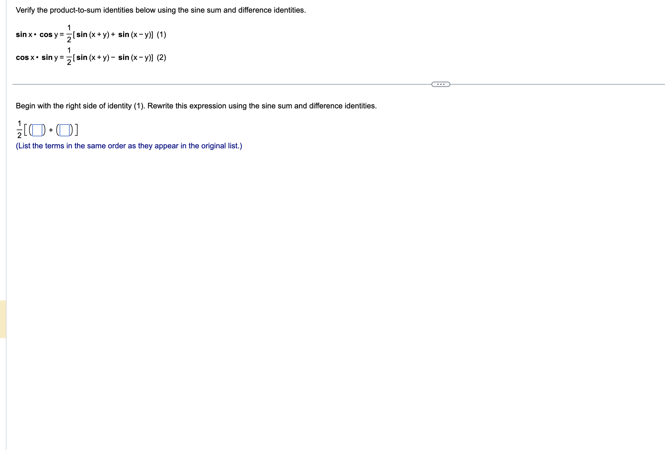 screenshot is listed. Verify the product-to-sum identities below using the sine sum