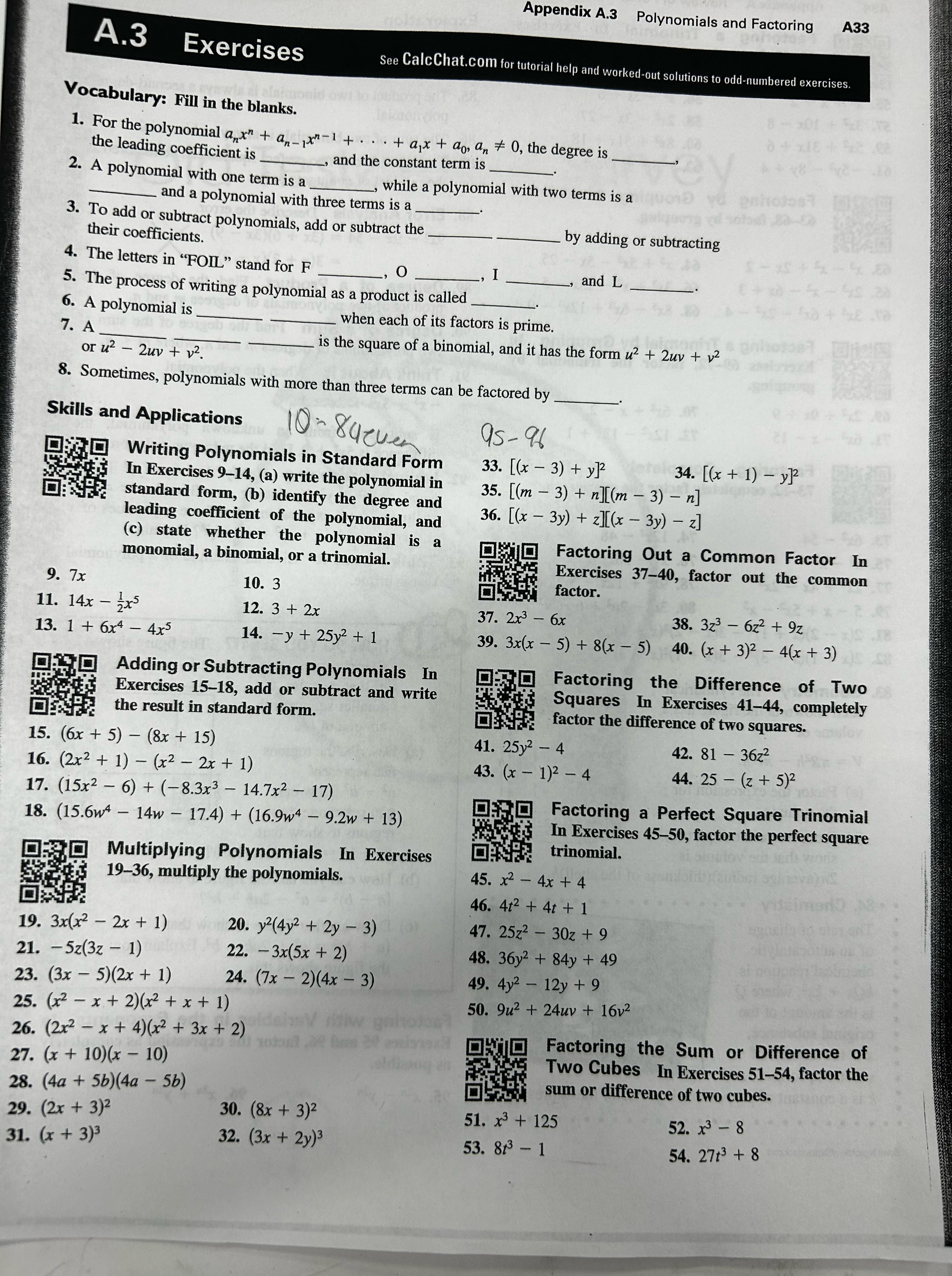  Appendix A.3 Polynomials and Factoring A33 A.3 Exercises See CalcChat.com for