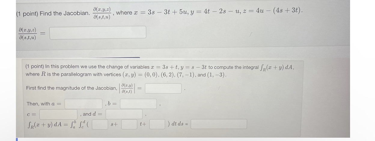 , where c = 3s - 3t + 5u, y = 4t