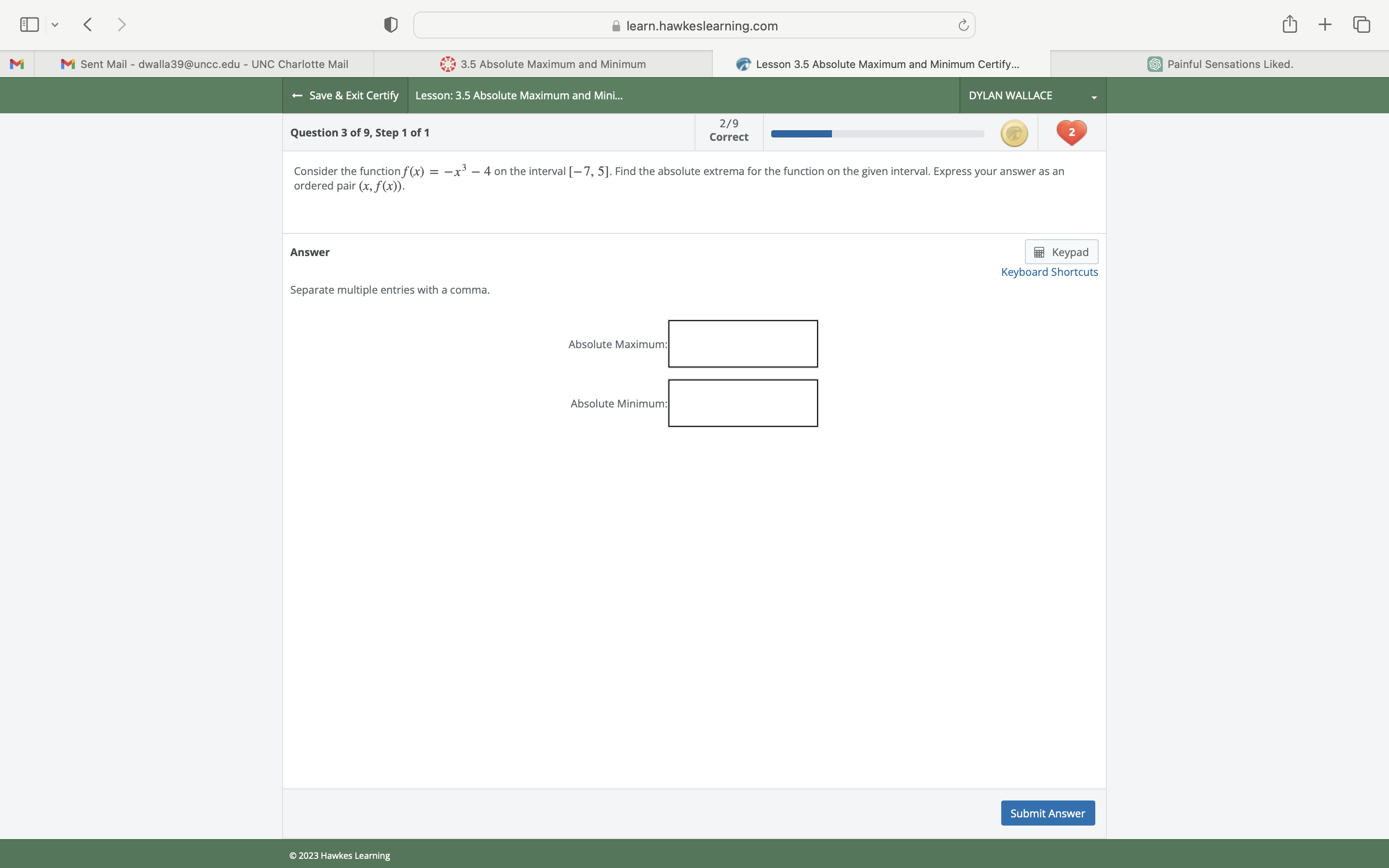 v learn.hawkeslearning.com C + M M Sent Mail - dwalla39@uncc.edu -