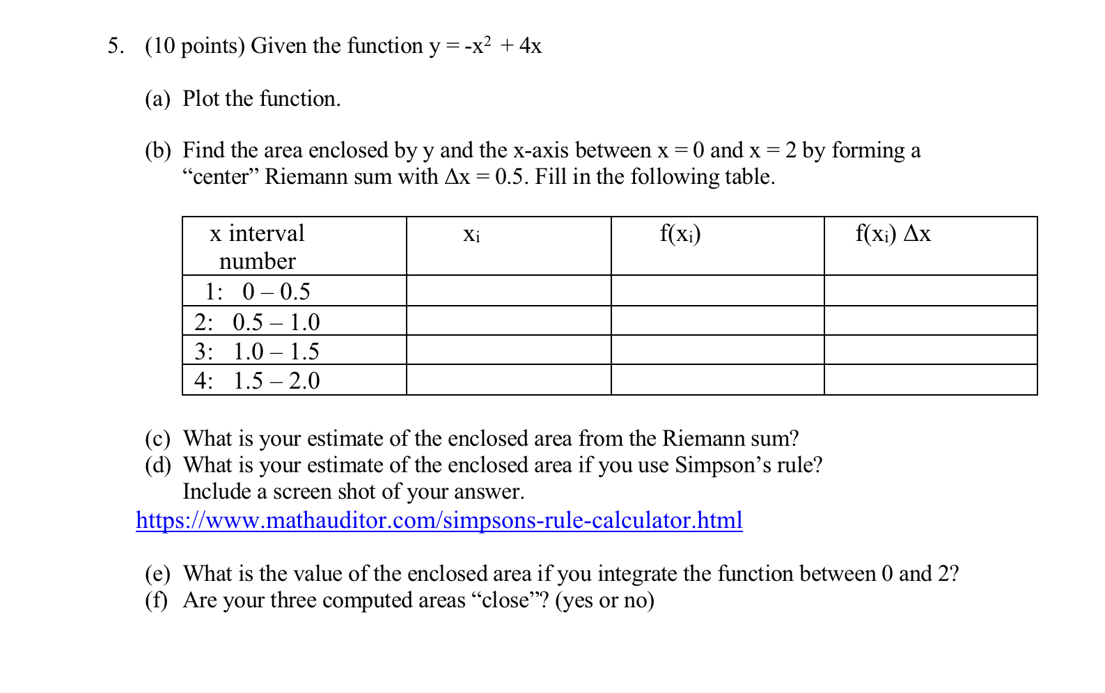  5. (10 points) Given the function y = -x2 + 4x