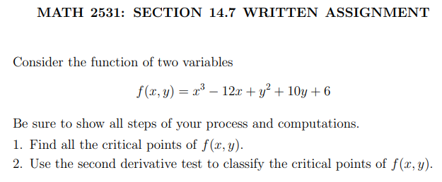 the function of two variables f(x, y) = x' - 12x +y-