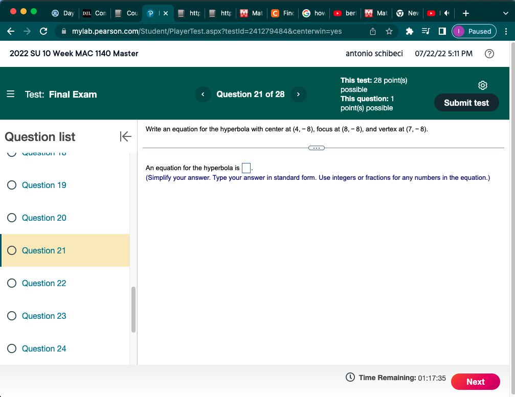 G how ber D Mat Nev | + C mylab.pearson.com/Student/PlayerTest.aspx?testld=241279484¢erwin=yes * =