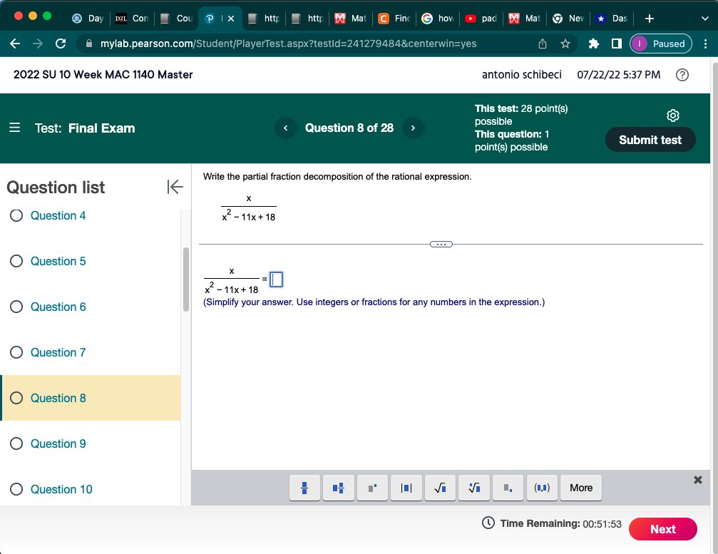 G how pad Do Mat 9 Nev * Das C mylab.pearson.com/Student/PlayerTest.aspx?testld=241279484¢erwin=yes #