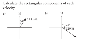 Calculate the rectangular components of each v elocity. a) b) IS km/h