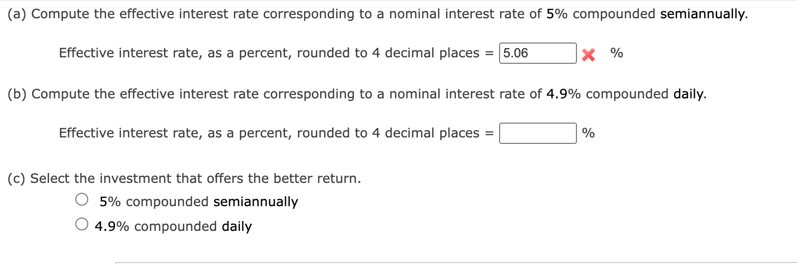 rate of 5% compounded semiannually. Effective interest rate, as a percent, rounded