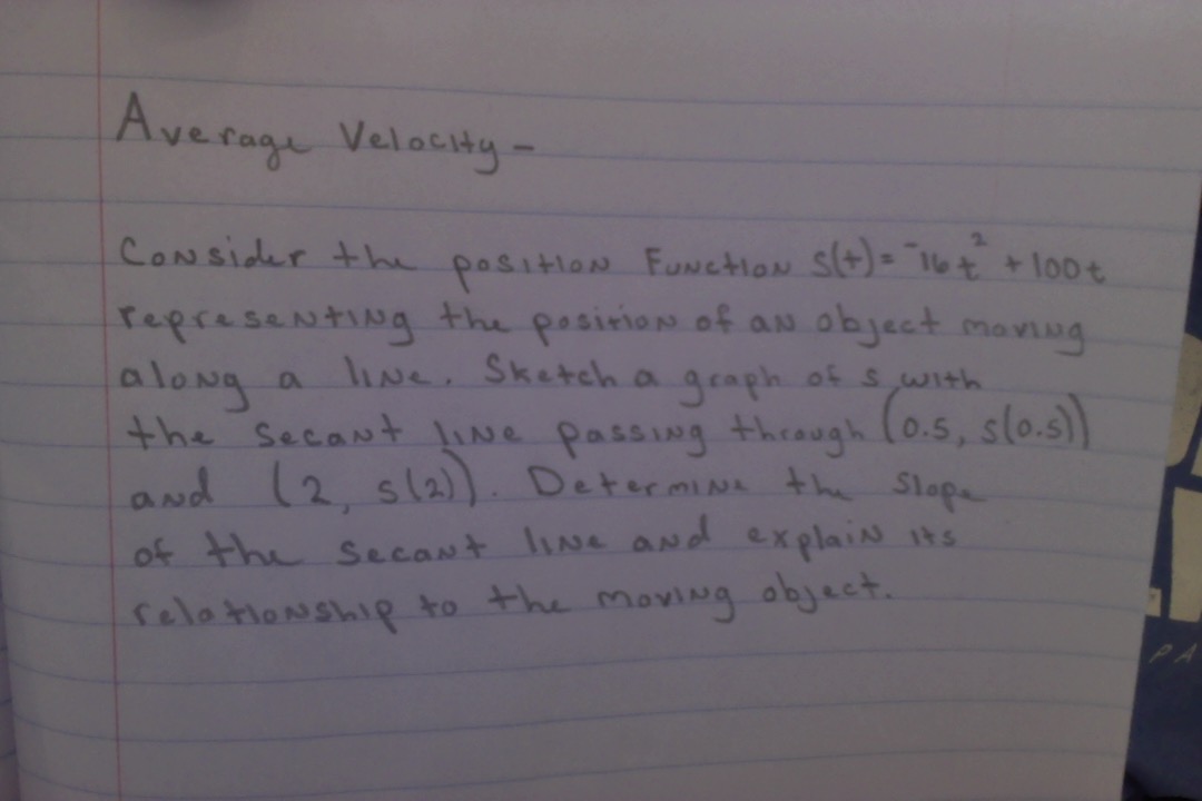  Average Velocity - Consider the position Function s (+) = 16+