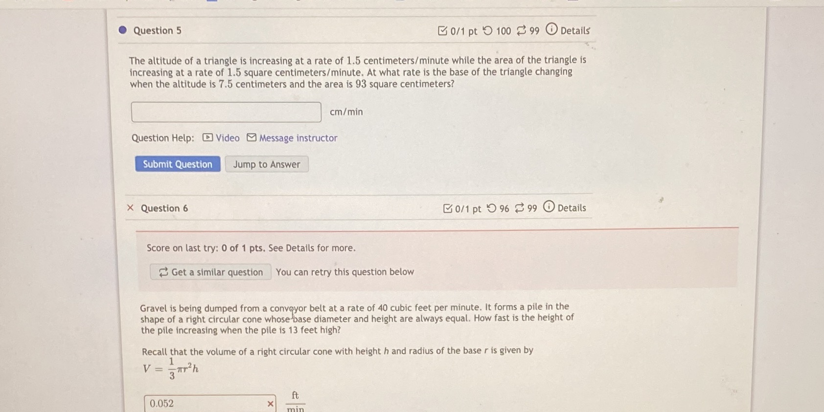 altitude of a triangle is increasing at a rate of 1.5 centimeters/minute