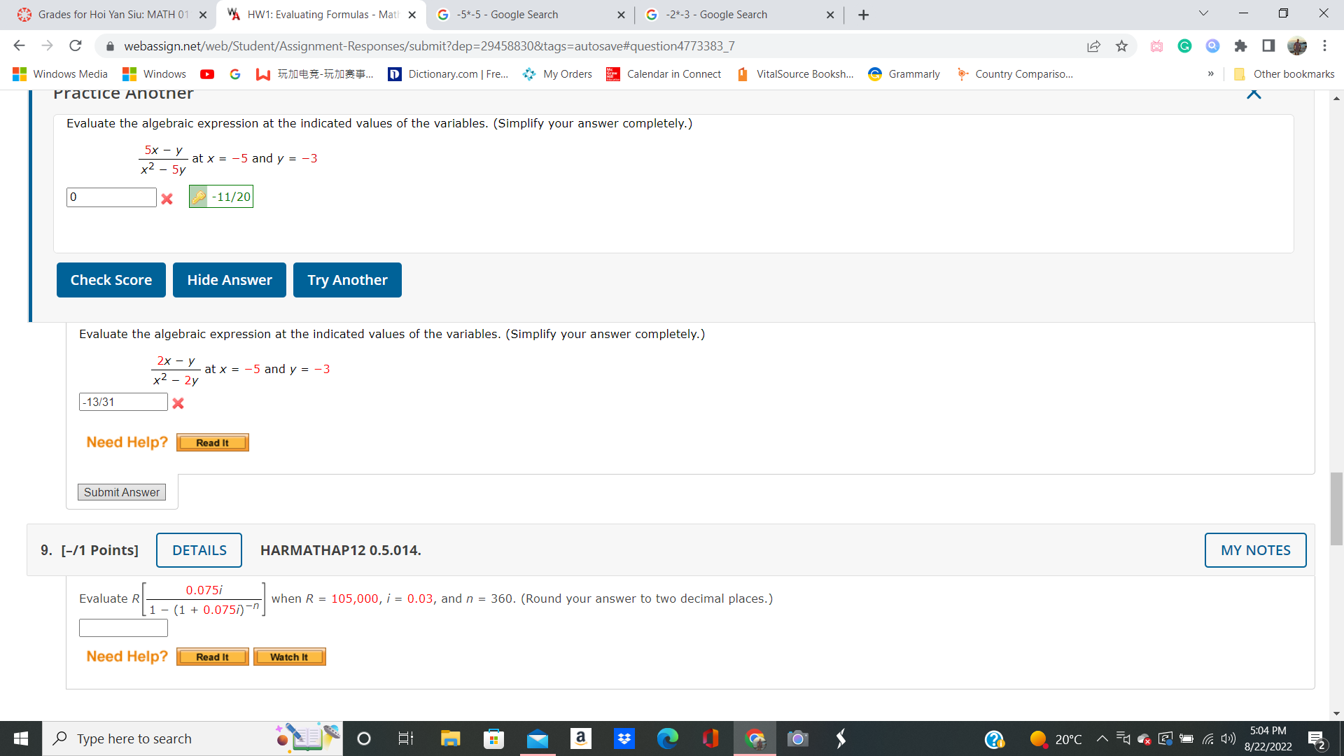 question 8.9.11 Grades for Hoi Yan Siu: MATH 01 X VA