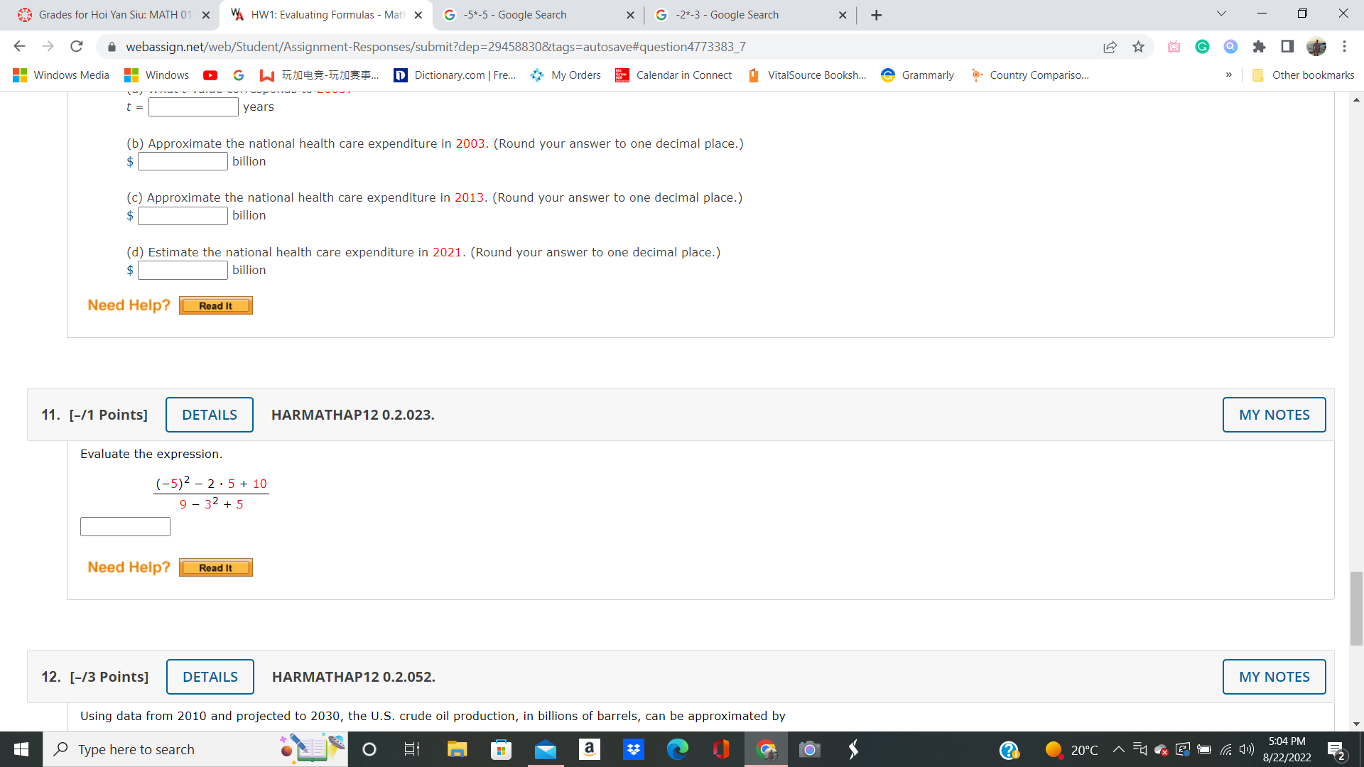 HW1: Evaluating Formulas - Matt X G -5*-5 - Google Search X