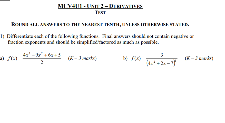 MCV4U1 - UNIT 2 - DERIVATIVES TEST ROUND ALL ANSWERS TO