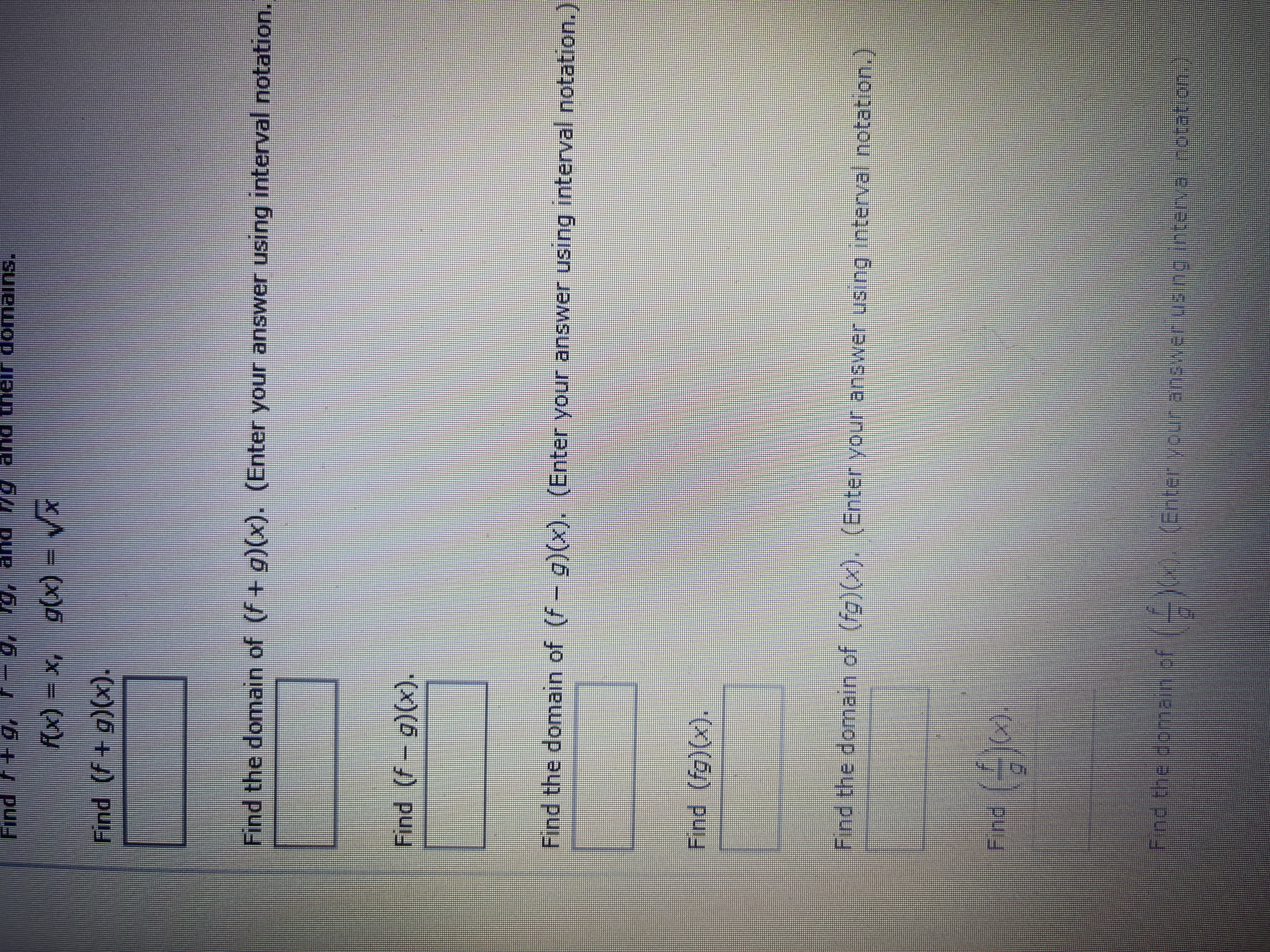 domains. Kx = X, g(xx) = Vx Find (f + g) (x).