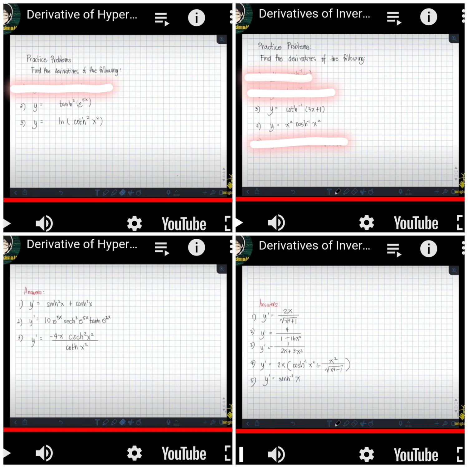 3, 4 Derivative of Hyper... = Derivatives of Inver... Practice Problems Practice
