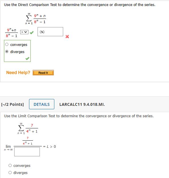 It [2/3 Points] DETAILS PREVIOUS ANSWERS LARCALC11 9.4.009. Use the Direct Comparison