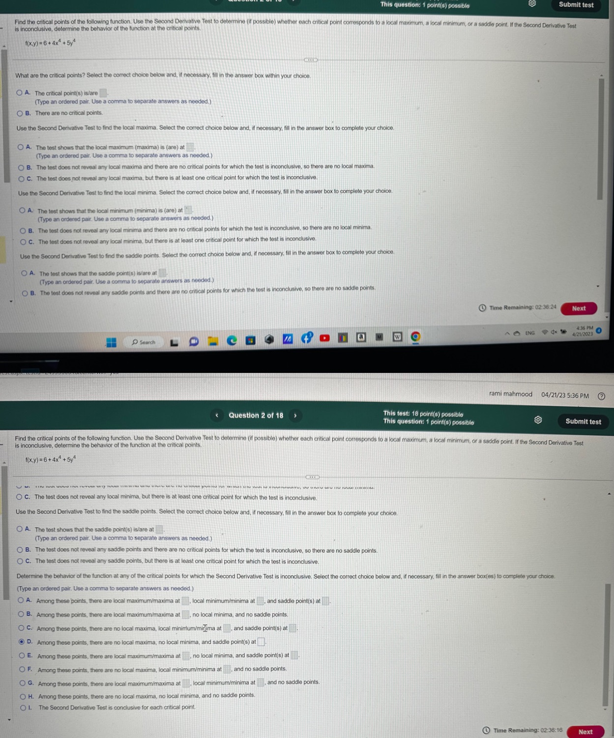 test Find the critical points of the following function. Use the Second