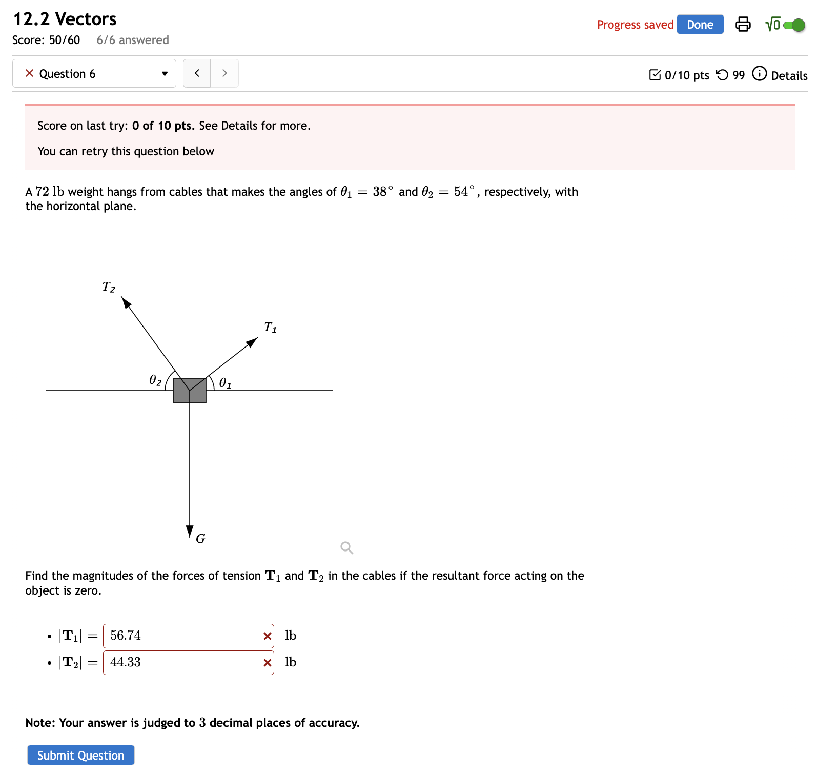 1 2.2 Vectors Progress saved 6 15' Score: 50/60 6/6 answered