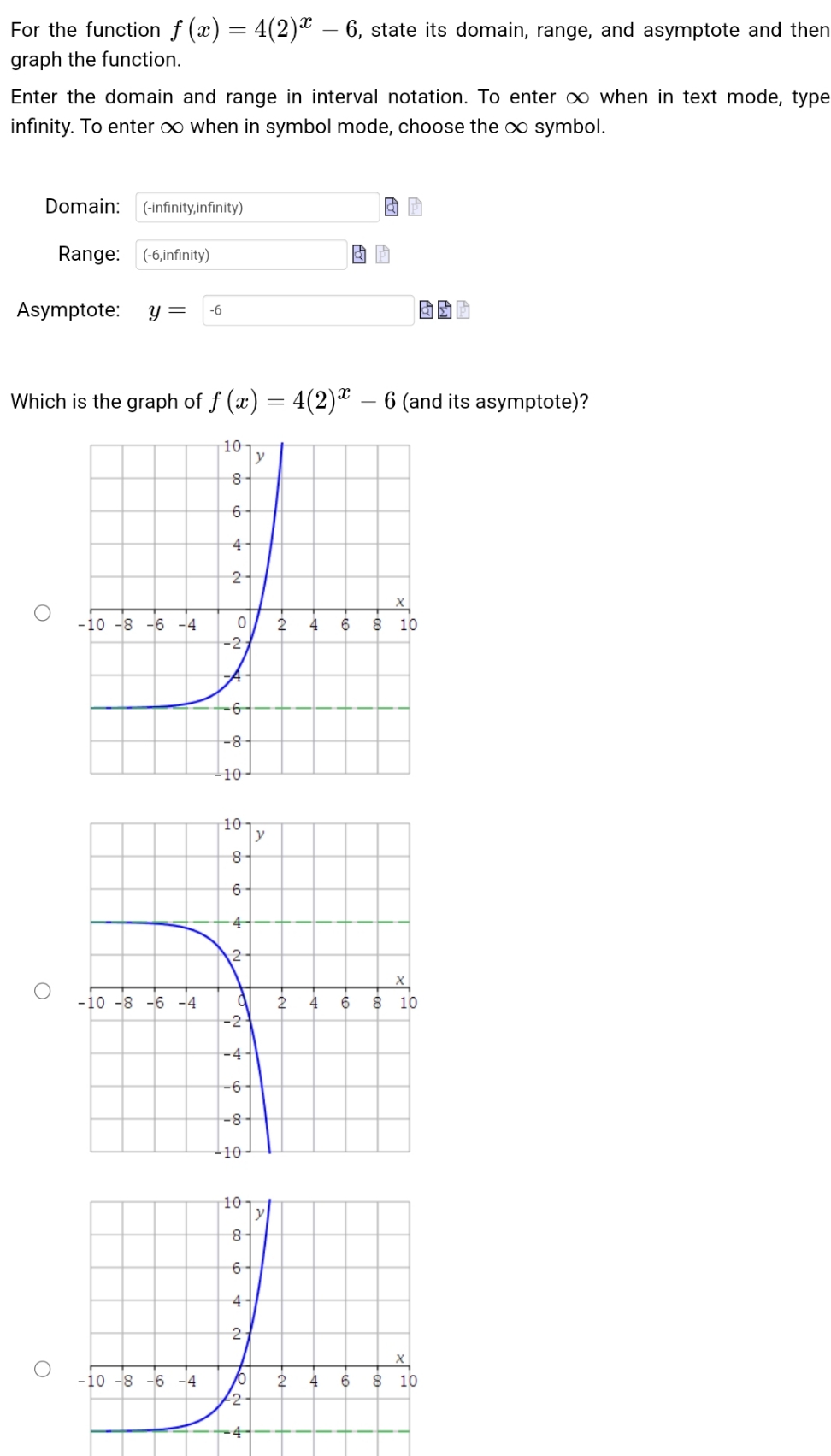 - 6, state its domain, range, and asymptote and then graph the