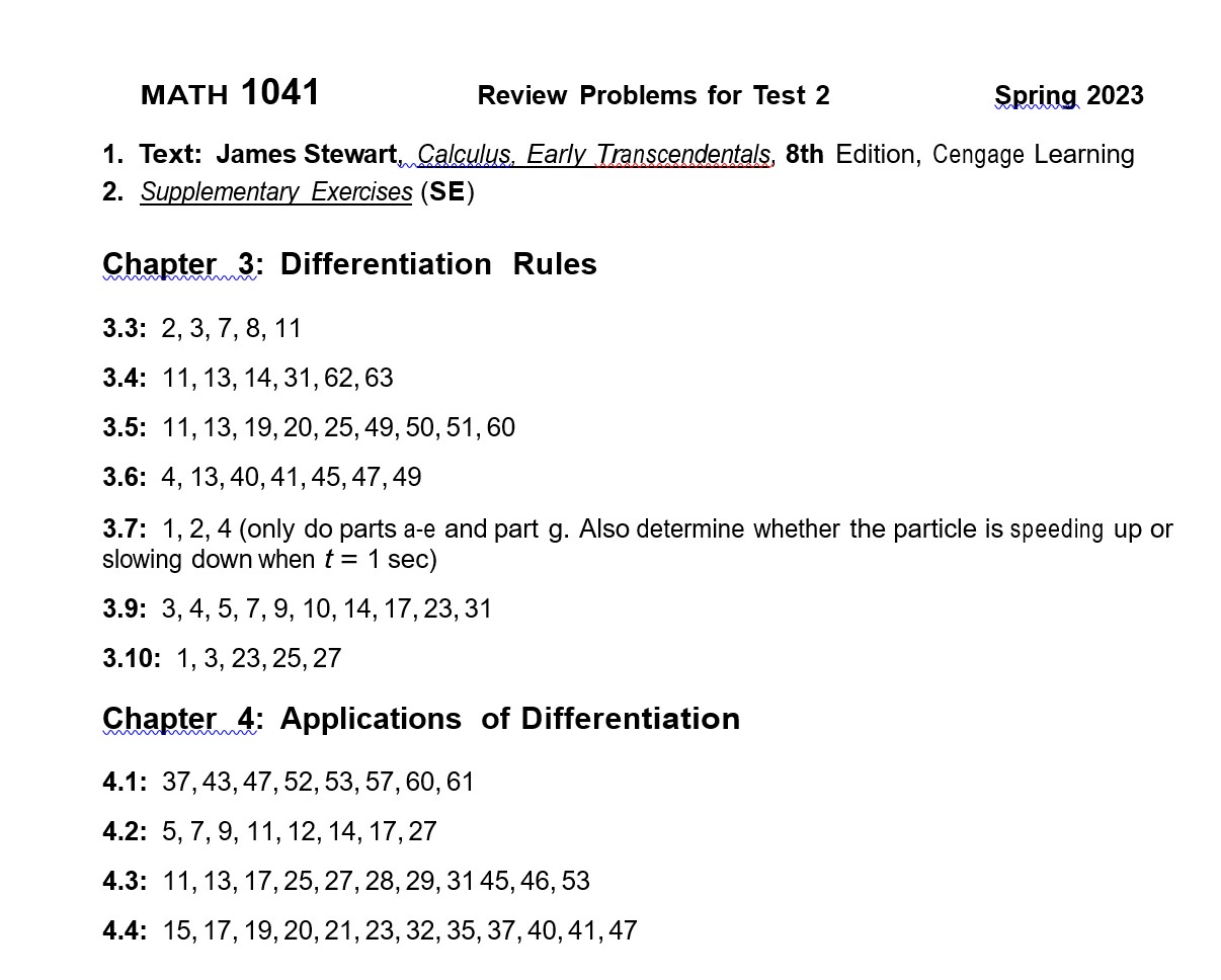 Early Transcendentals (8th Edition)MATH 1041 Review Problems for Test 2 Spring 2023