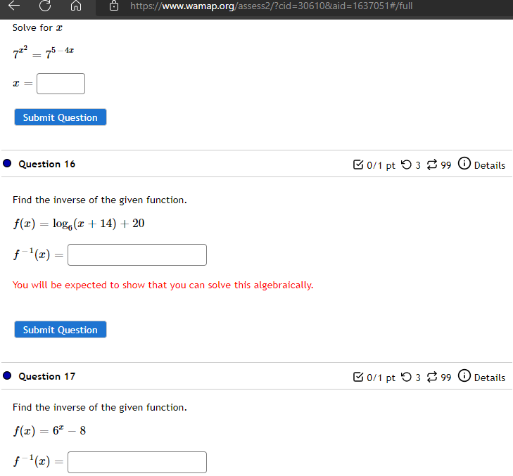 16 0/1 pt 0 3 99 0 Details Find the inverse of