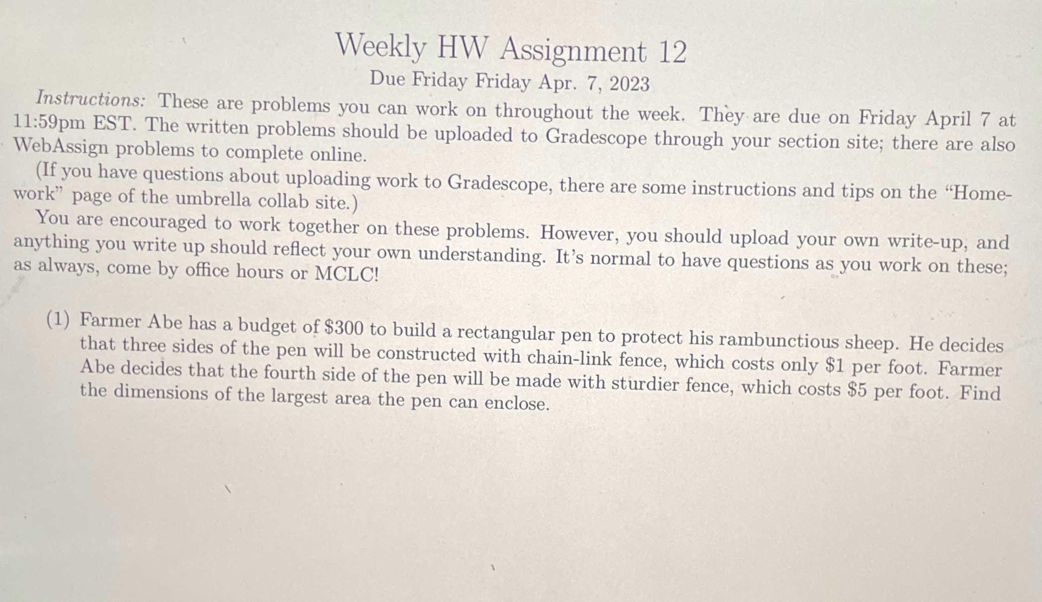  Weekly HW Assignment 12 Due Friday Friday Apr. 7, 2023 Instructions: