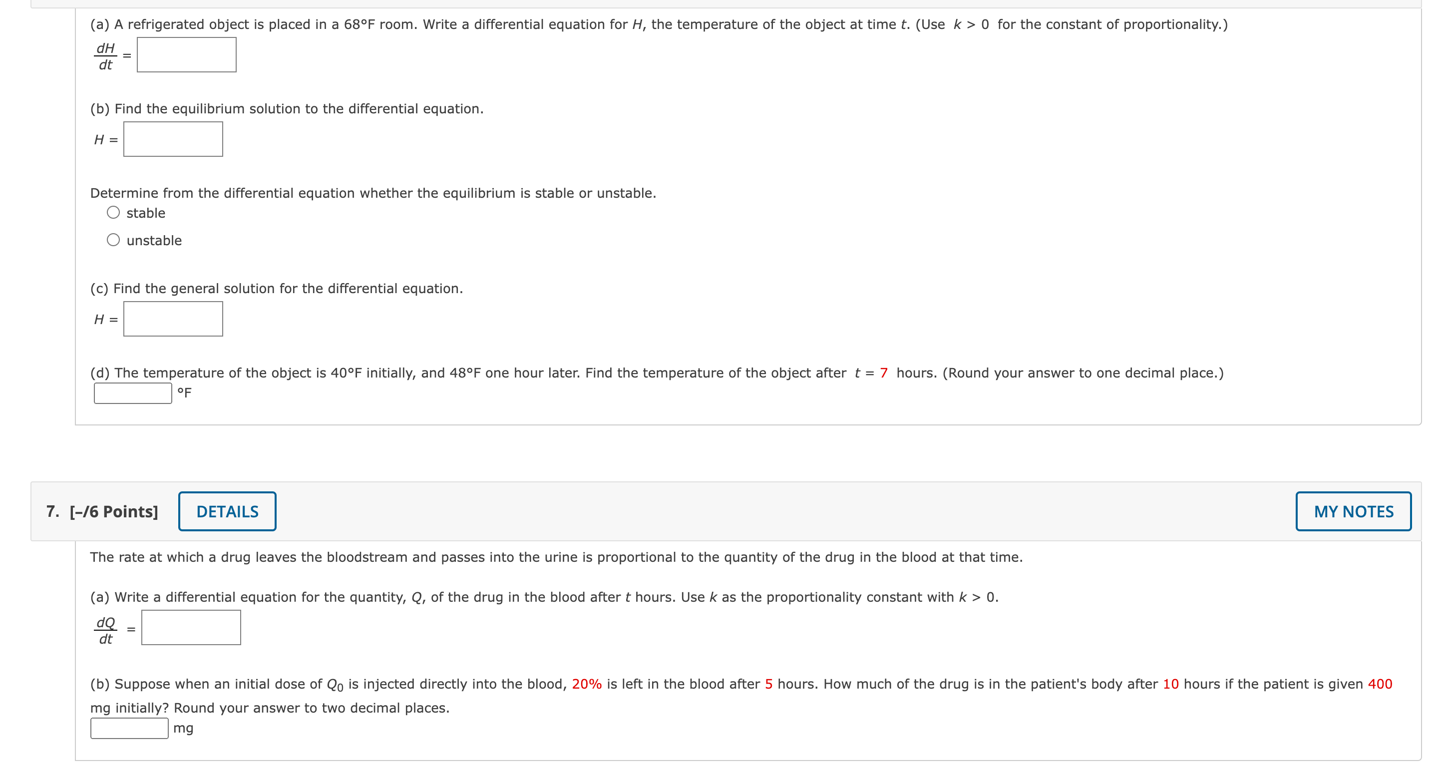 a differential equation for H, the temperature of the object at time