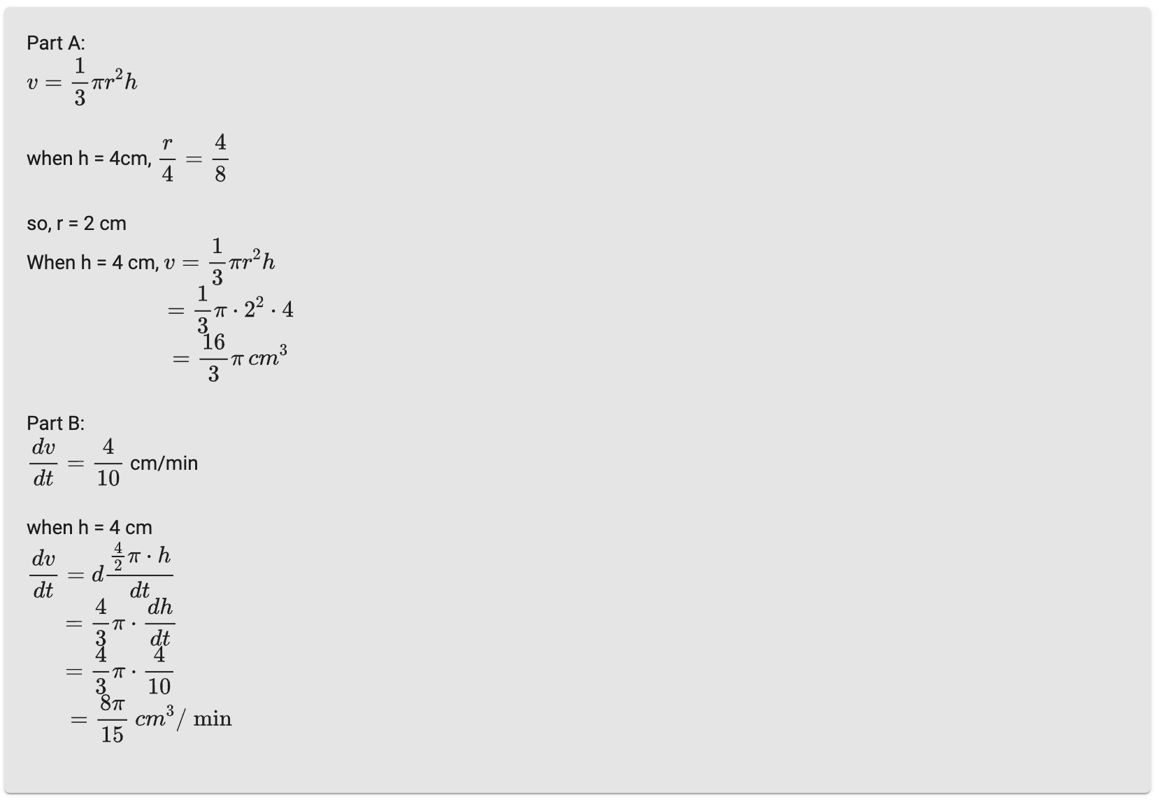 its depth h is changing at a constant rate of E cm/min.