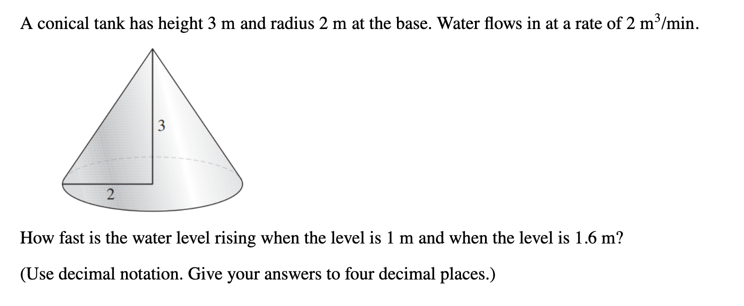  A conical tank has height 3 m and radius 2 m