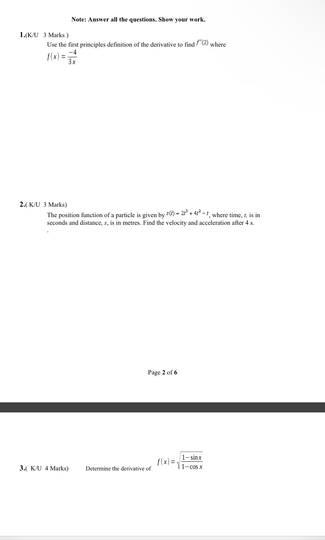 the function H" l 9 at 4 6. (A 2 Marks) Calculate