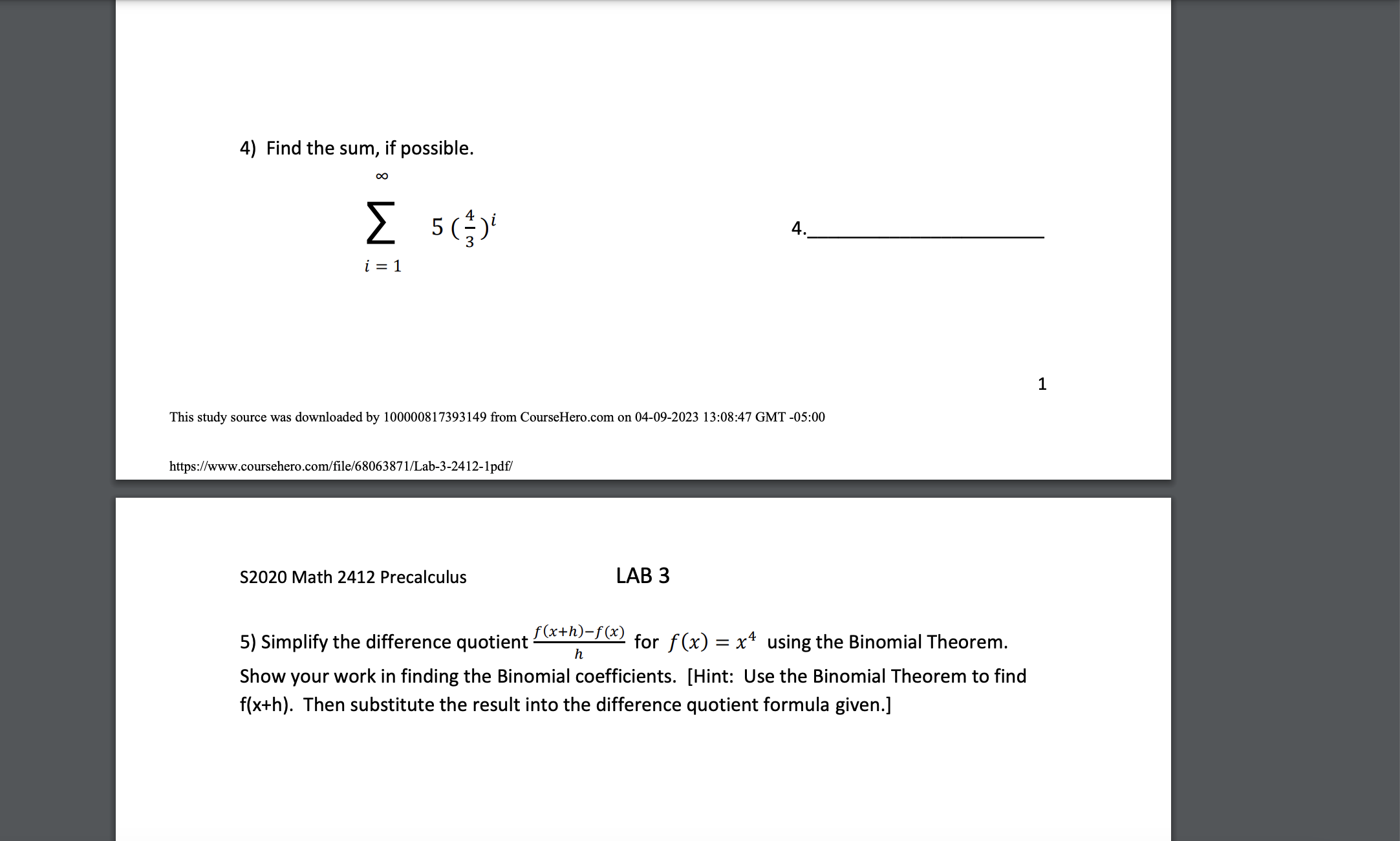4) Find the sum, if possible. OC 4. i = 1