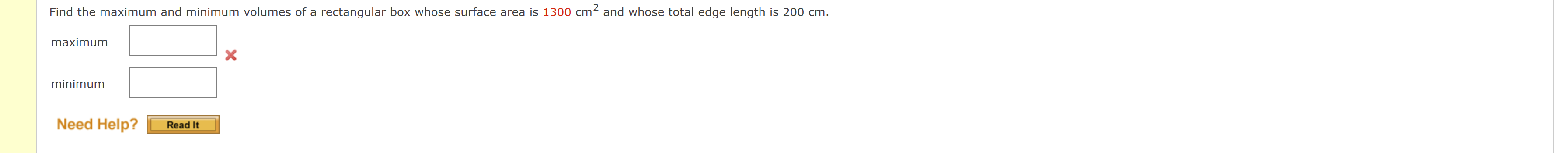 rectangular box whose surface area is 1300 cm and whose total edge