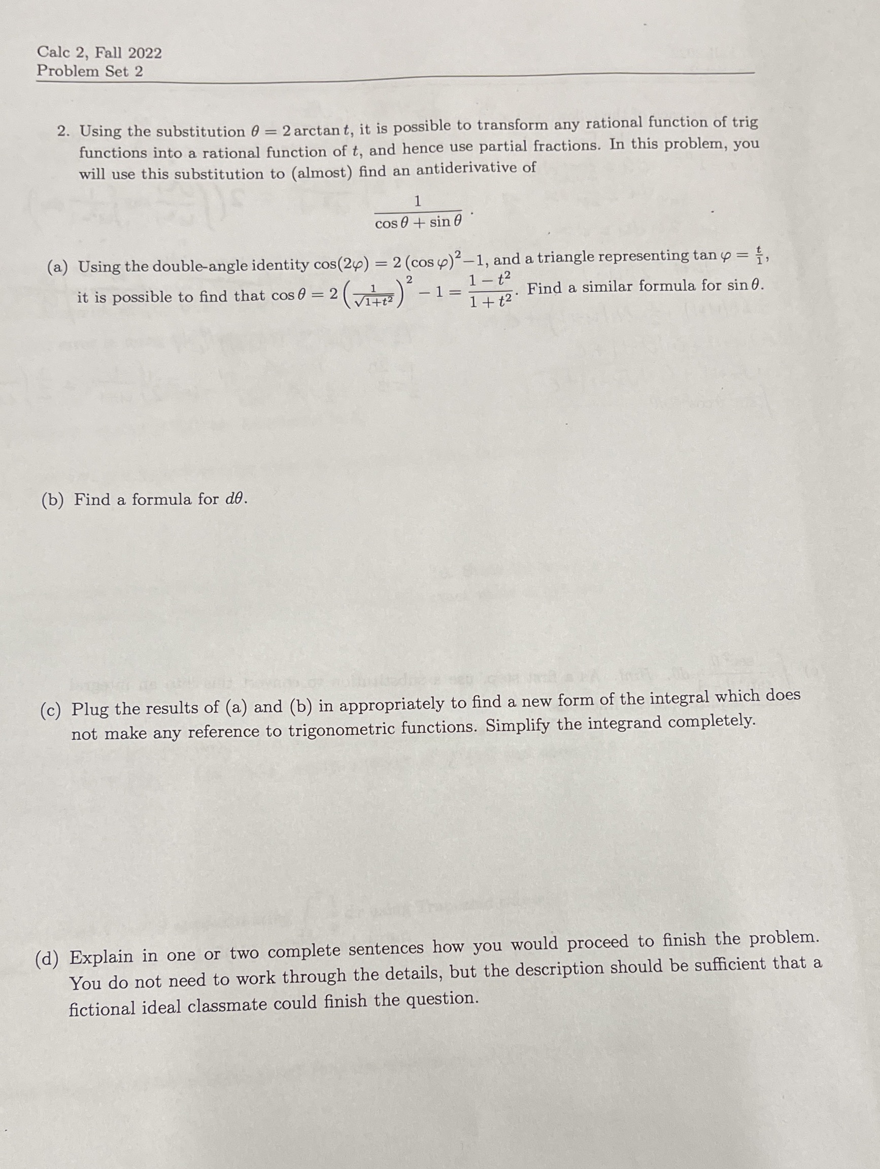  Calc 2, Fall 2022 Problem Set 2 2. Using the substitution