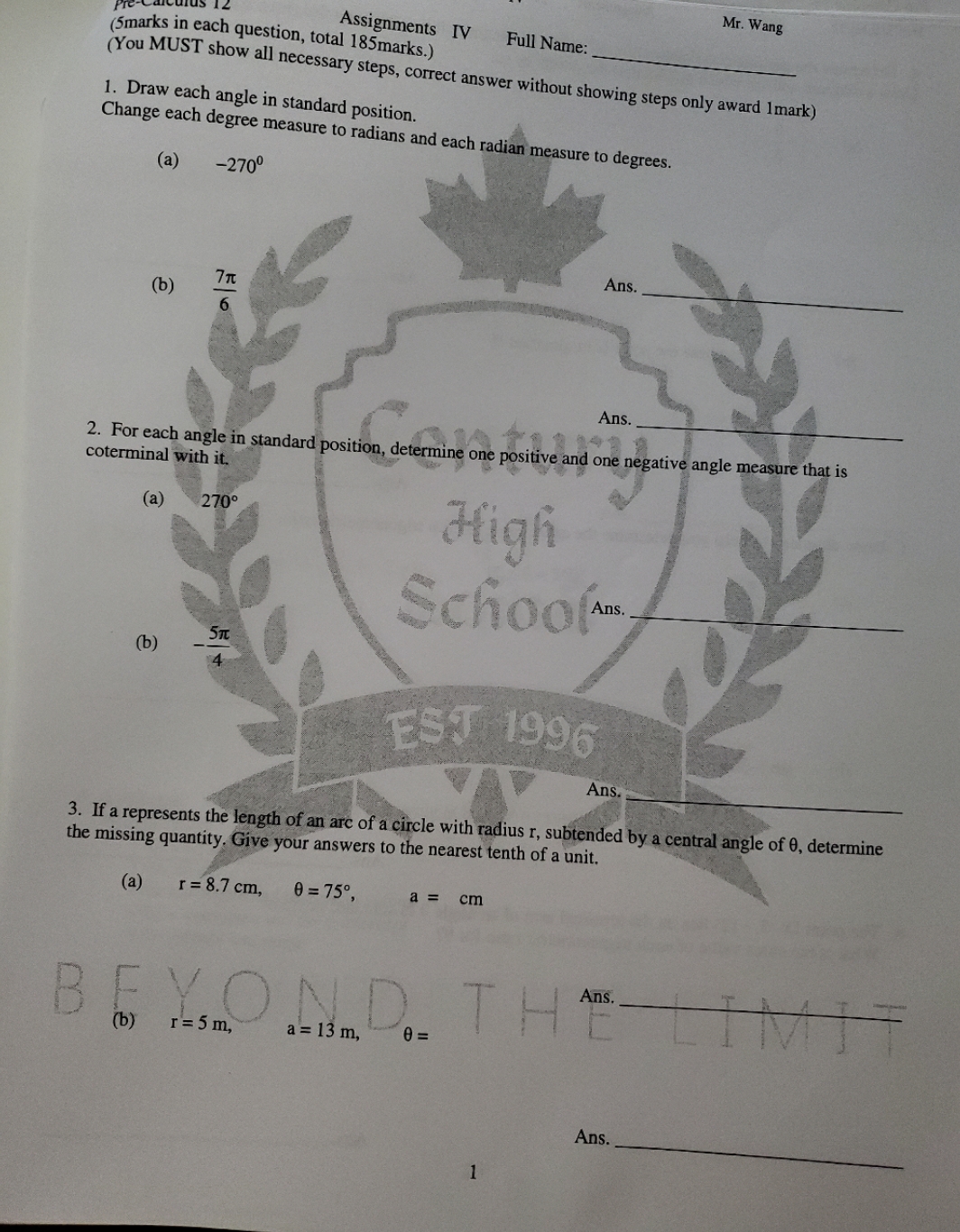 185marks.) Full Name: You MUST show all necessary steps, correct answer without
