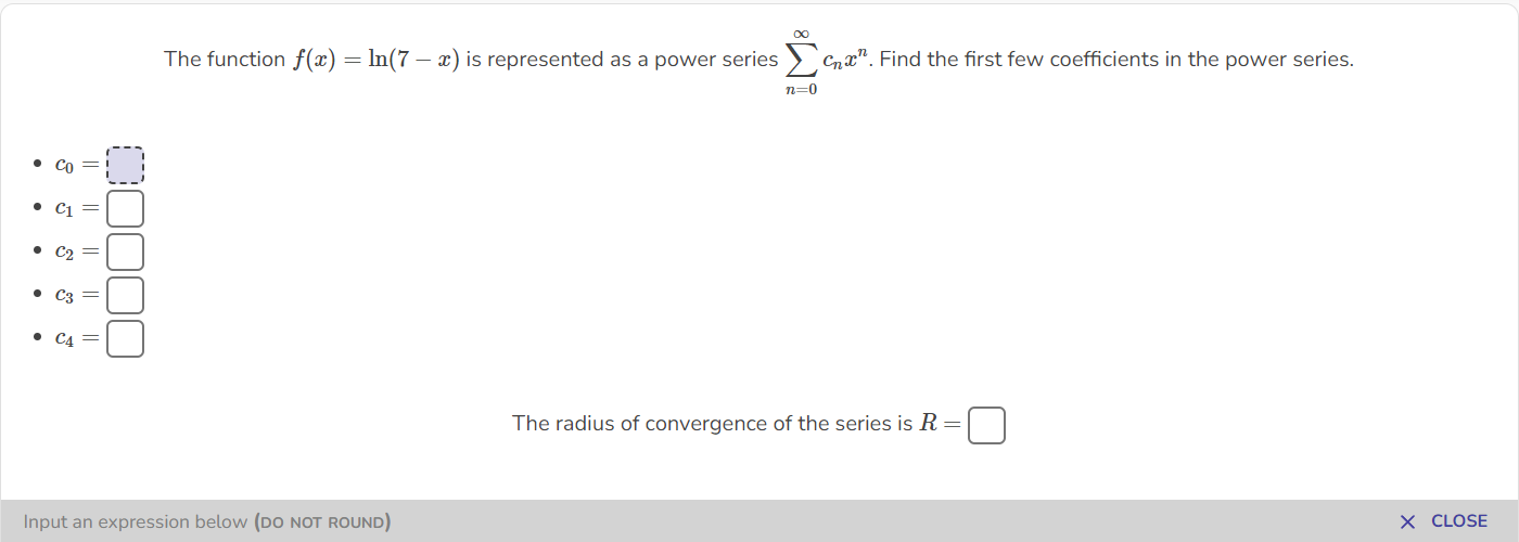  The function f(a) = In(7 - x) is represented as a