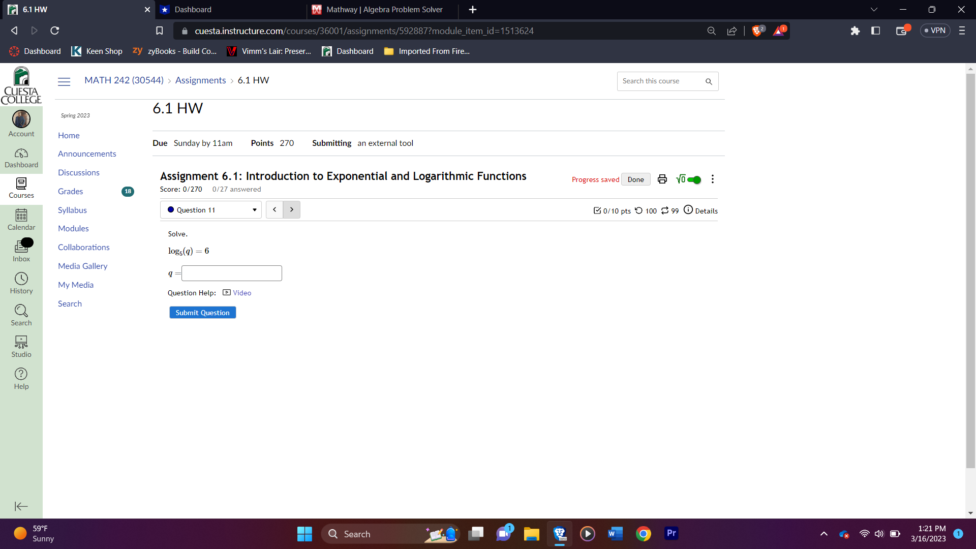 Video Search Submit Question Search Studio (?) Help K Previous Next 59.F