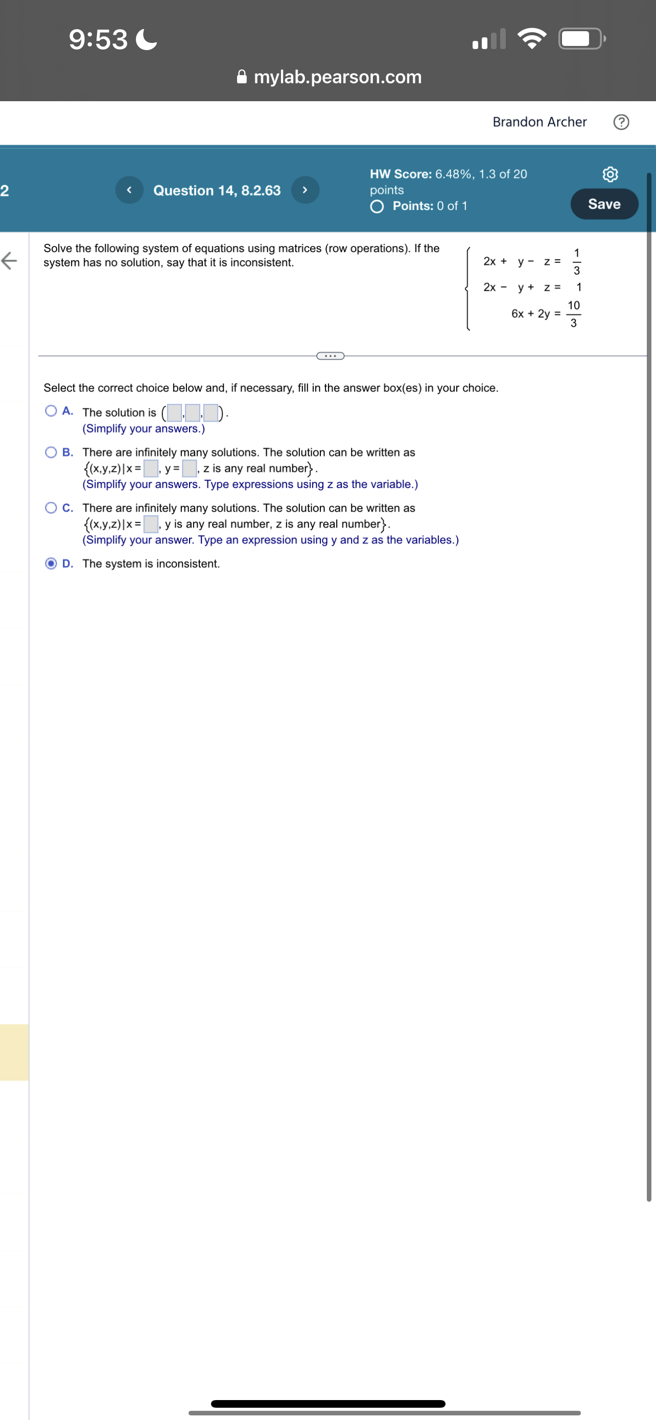 of equations corresponding to the given augmented matrix using the variables x
