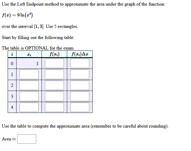 Use the Left Endpoint method to approximate the area under the