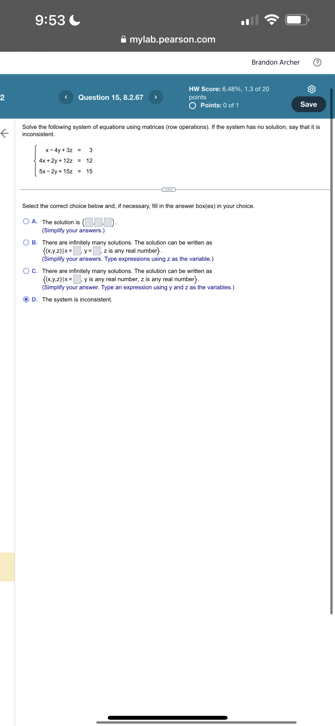 3 9 Which of the following is the system of equations corresponding