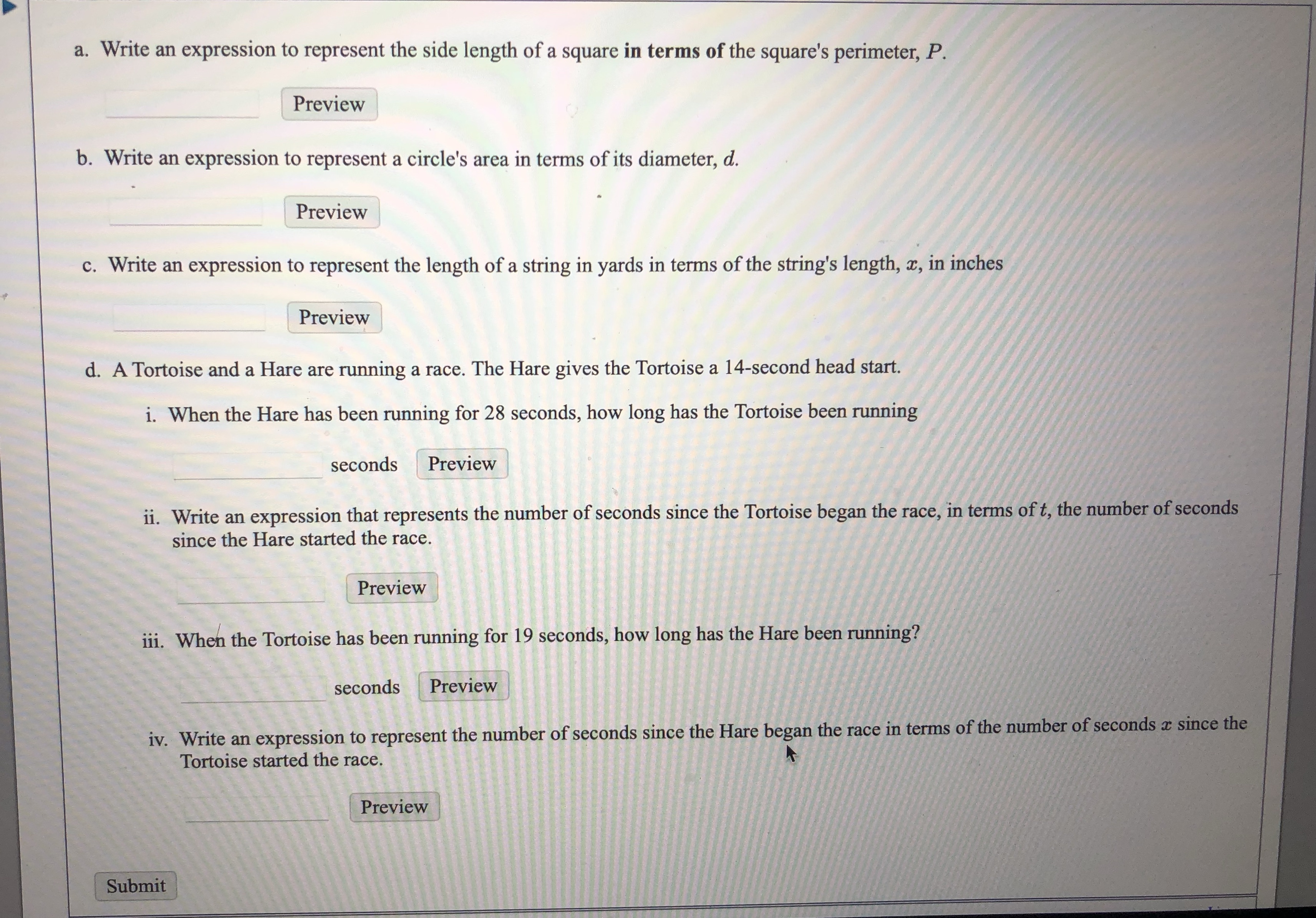 Answer a. Write an expression to represent the side length of