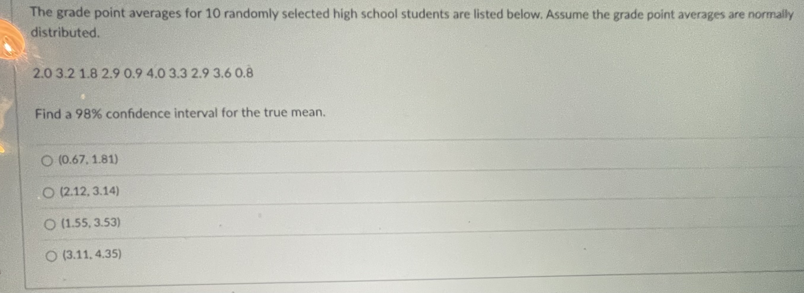 students are listed below. Assume the grade point averages are normally distributed.