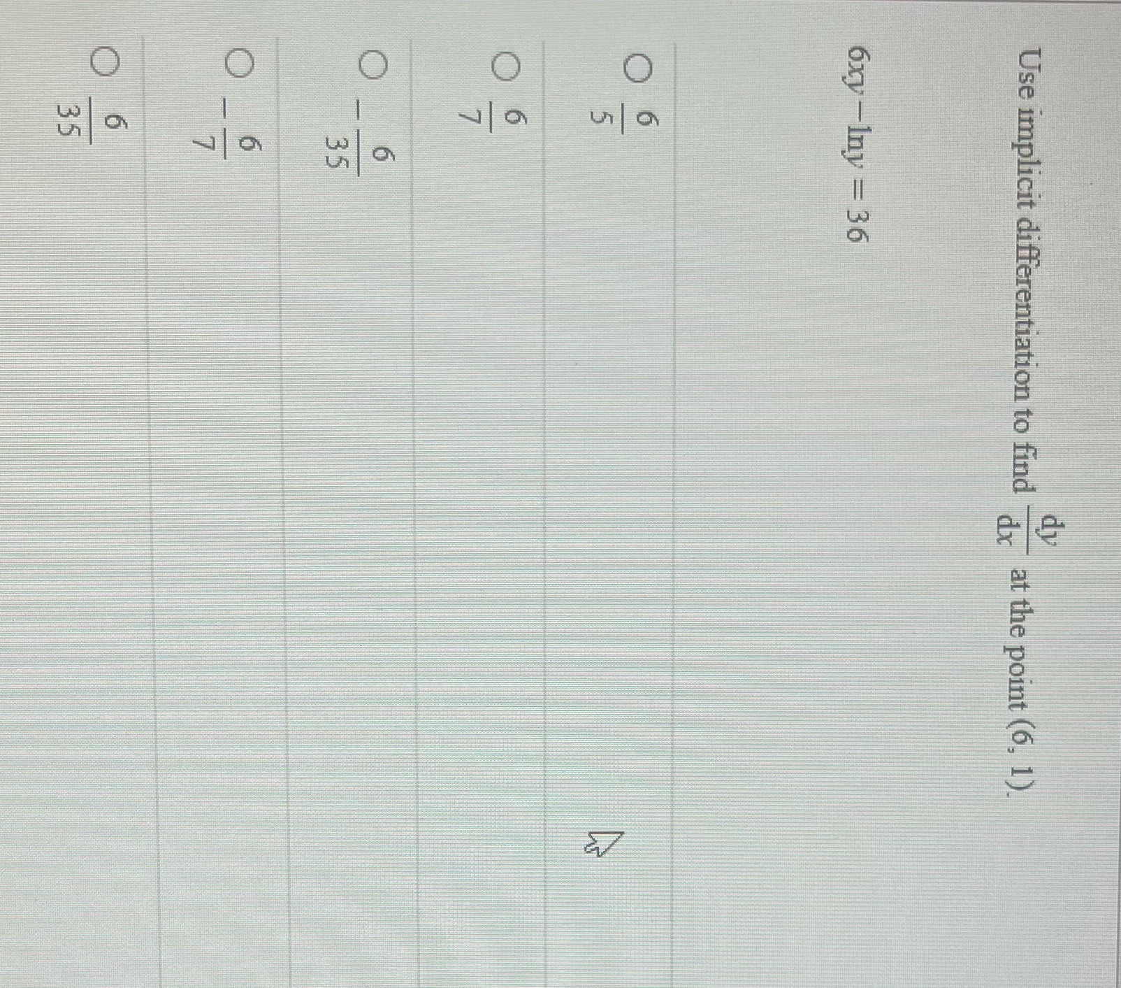 dy at the point (6, 1). Use implicit differentiation to find