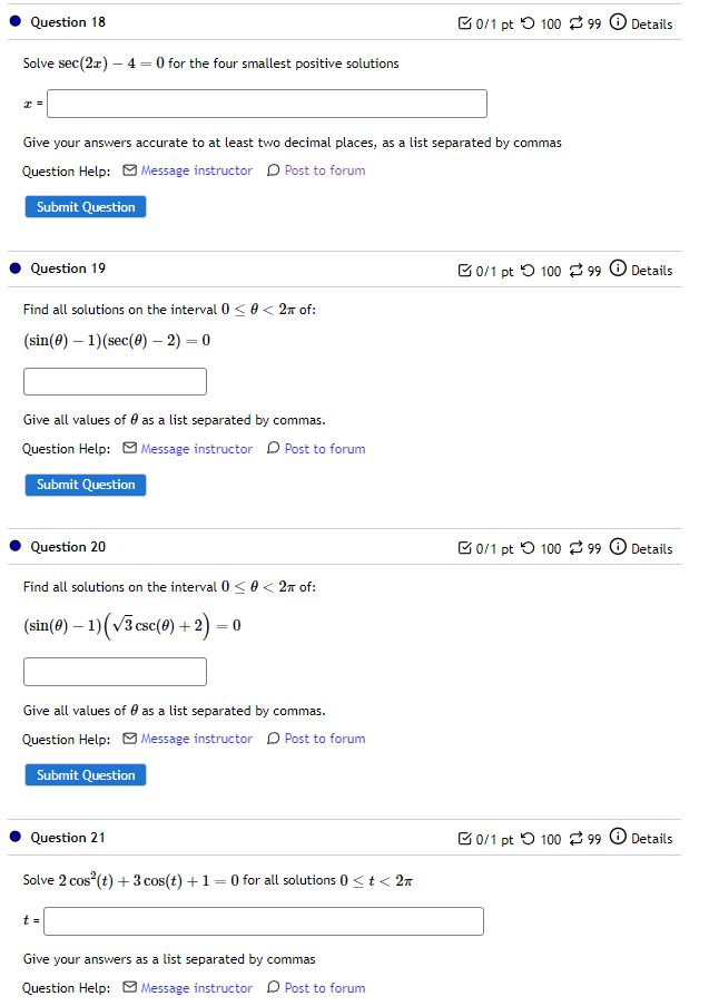 Solve sec(2:) 4 = I] for the four smallest positive solutions Give