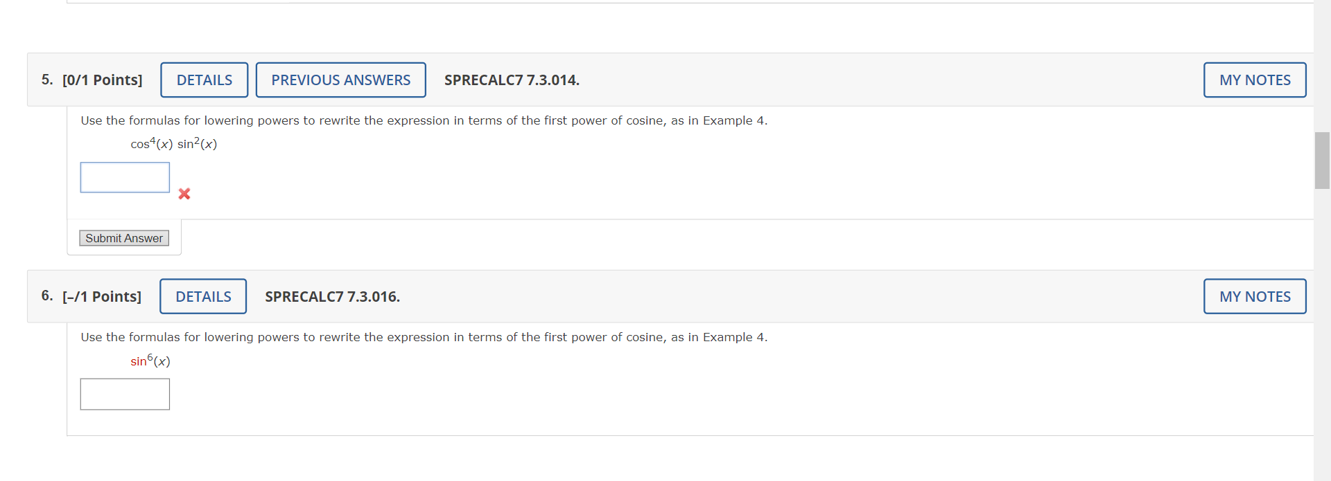  Topic : Double-angle, half-angle formulas 5. [0/1 Points] DETAILS PREVIOUS ANSWERS