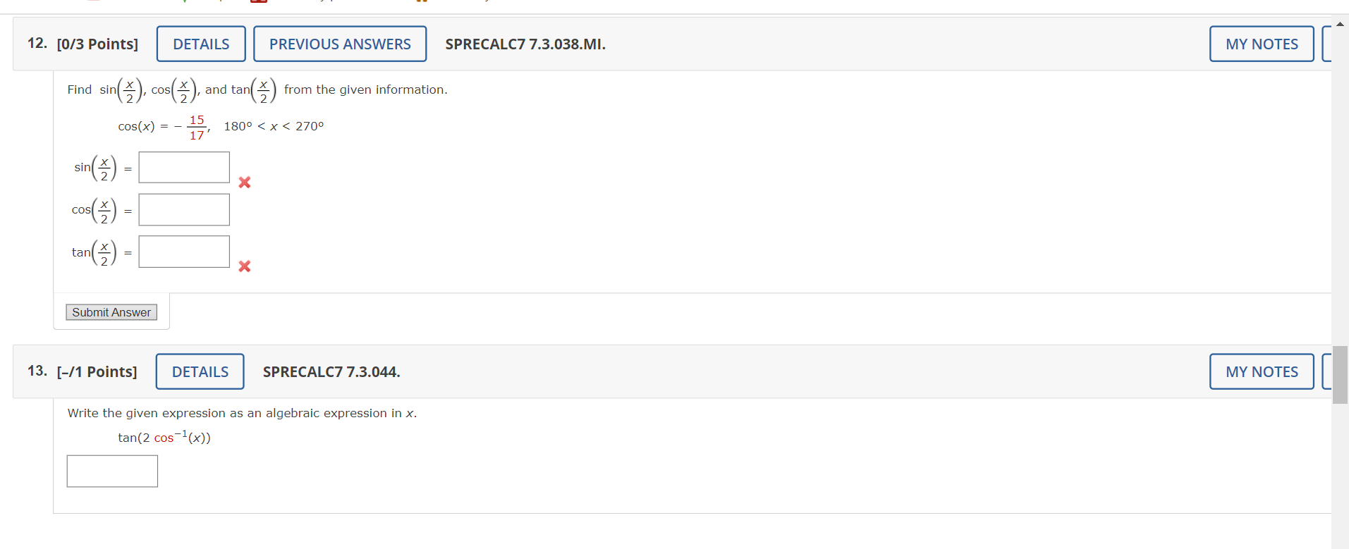 SPRECALC7 7.3.014. MY NOTES Use the formulas for lowering powers to rewrite
