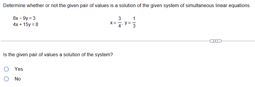 solution of the given system of simultaneous linear equations. 8x - 9y