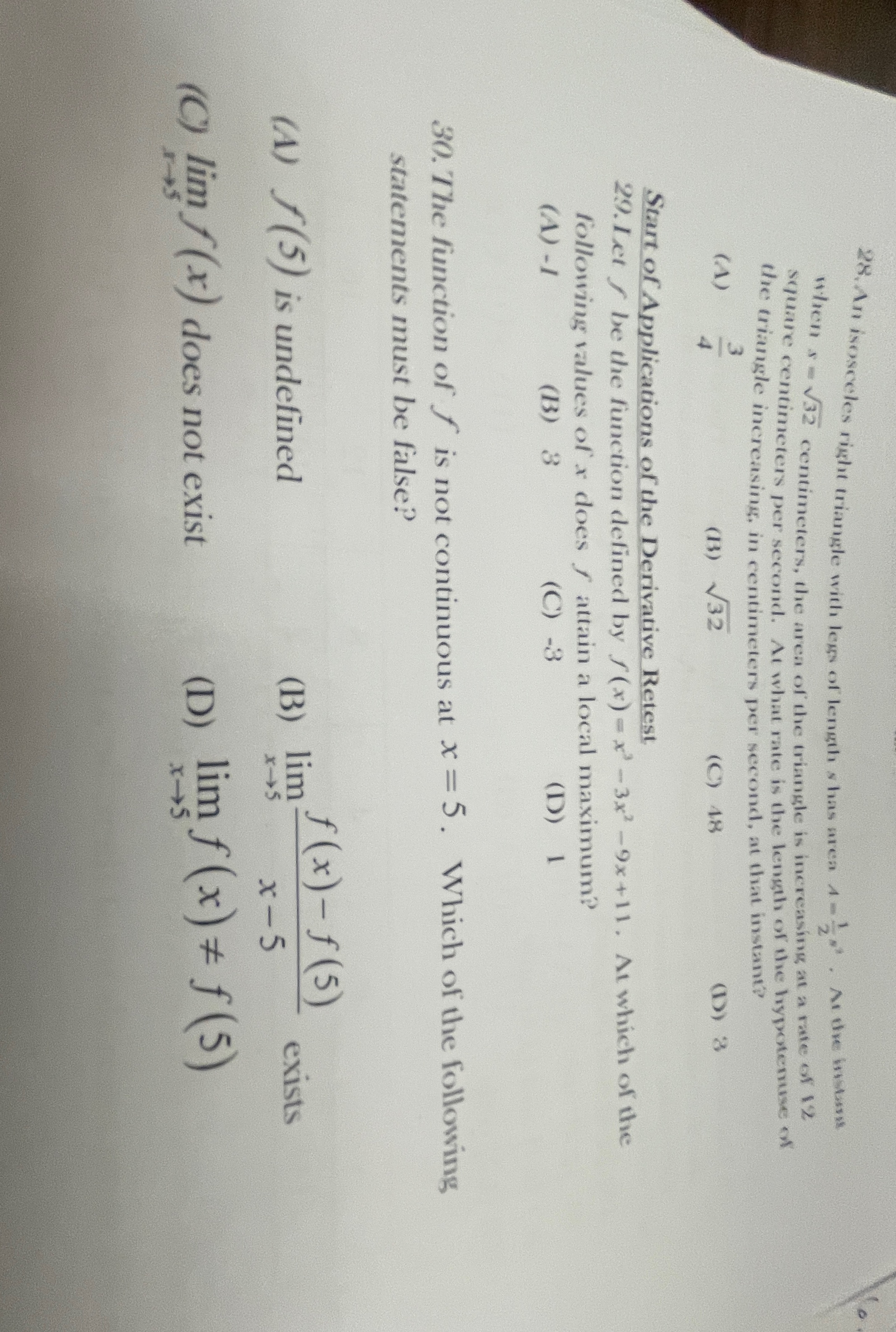  please help solve 28-30 28. An isosceles right triangle with legs