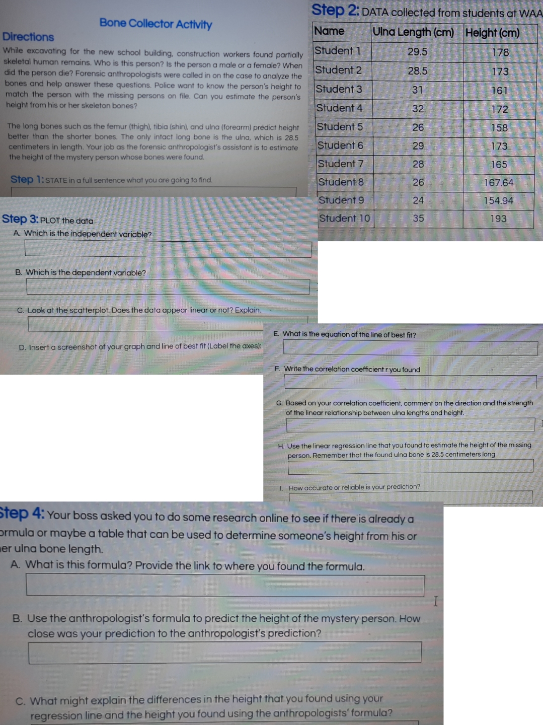 DATA collected from students at WA Bone Collector Activity Name Ulna Length