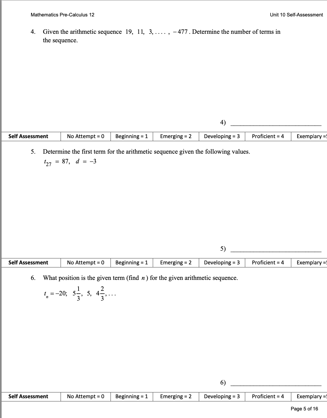-5 Self Assessment No Attempt = 0 Beginning = 1 Emerging =